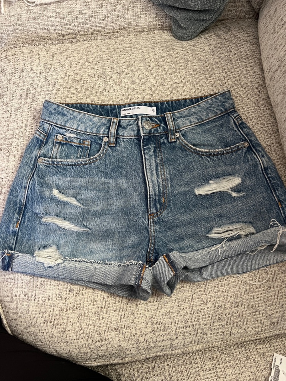 Garage Distressed Light Blue Rolled-Hem Denim Shorts